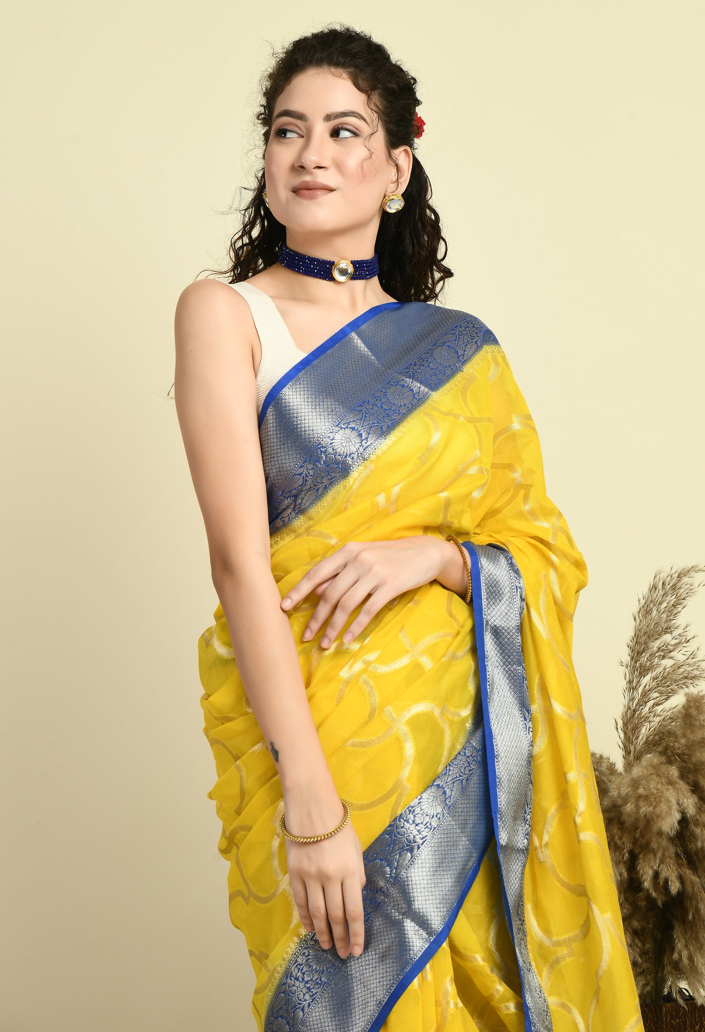 Yellow with Blue Banarasi Semi Katan Georgette Soft Silk Saree