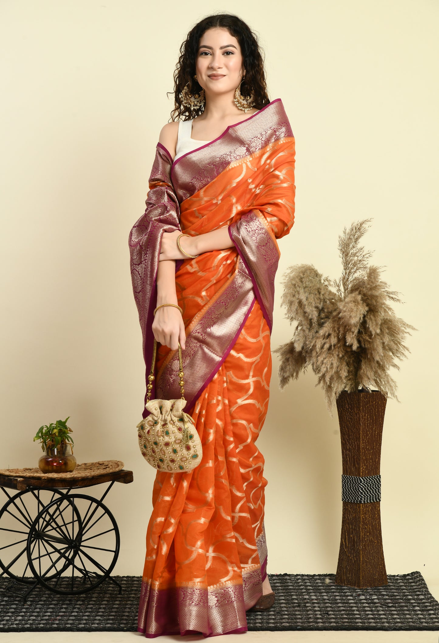 Orange with Purple Banarasi Semi Katan Georgette Soft Silk Saree
