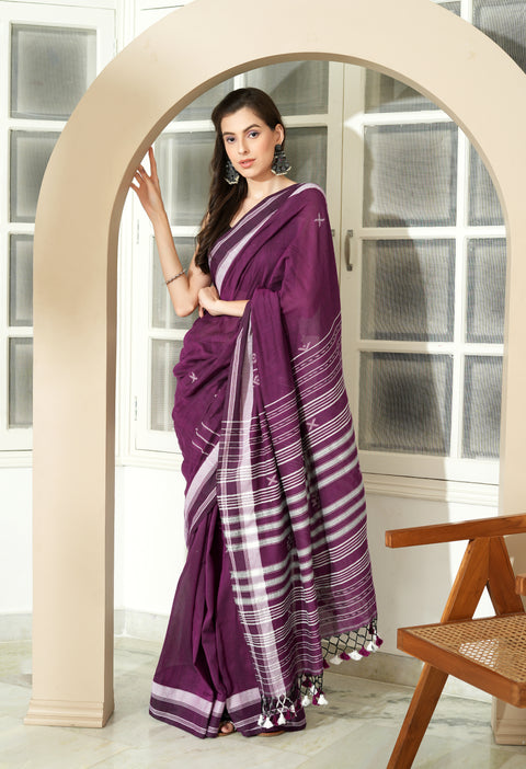 Purple Cotton Handwoven Saree