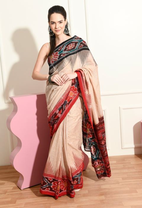 Odisha Handwoven Ikkat Cotton Saree Ganga Jamuna Border - Beige - Black/Red