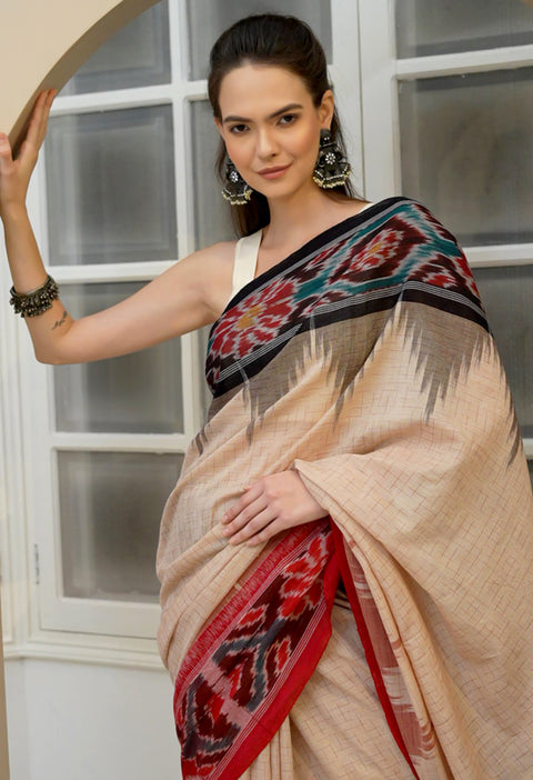 Odisha Handwoven Ikkat Cotton Saree Ganga Jamuna Border - Beige - Black/Red
