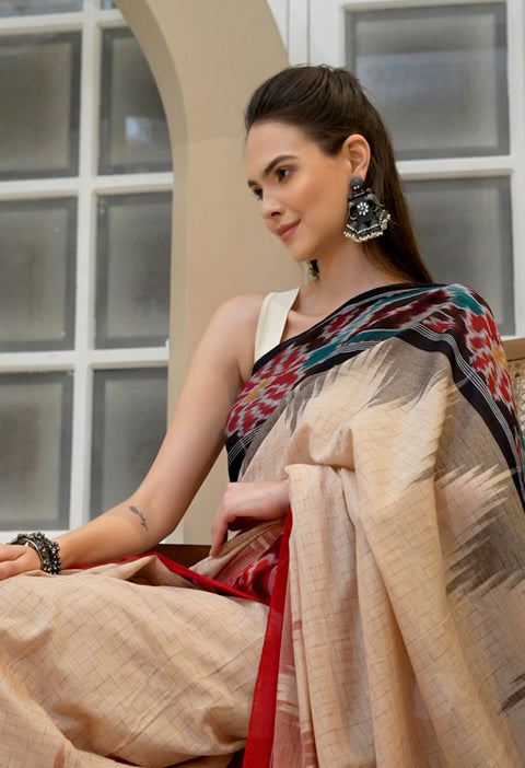 Odisha Handwoven Ikkat Cotton Saree Ganga Jamuna Border - Beige - Black/Red