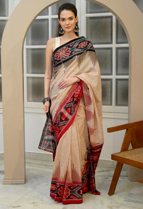 Odisha Handwoven Ikkat Cotton Saree Ganga Jamuna Border - Beige - Black/Red