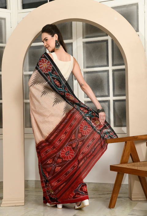 Odisha Handwoven Ikkat Cotton Saree Ganga Jamuna Border - Beige - Black/Red