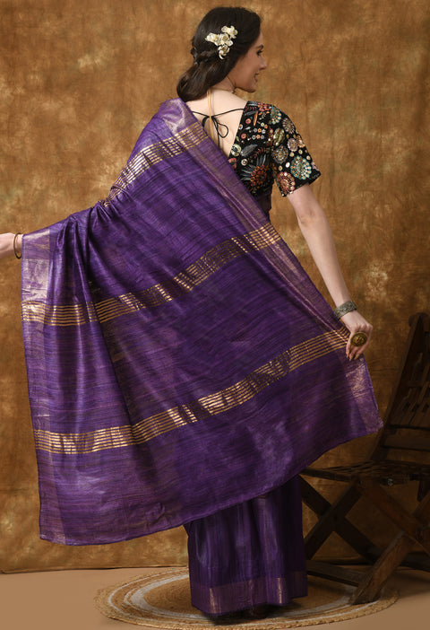 Violet Backed Starling Handwoven Pure Ghicha Tussar Silk Saree with Stripe Pallu