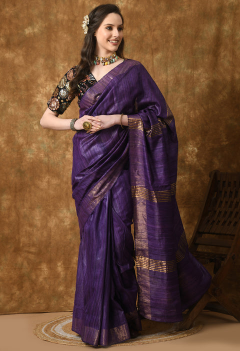 Handwoven Pure Ghicha Tussar Silk Saree with Stripe Pallu