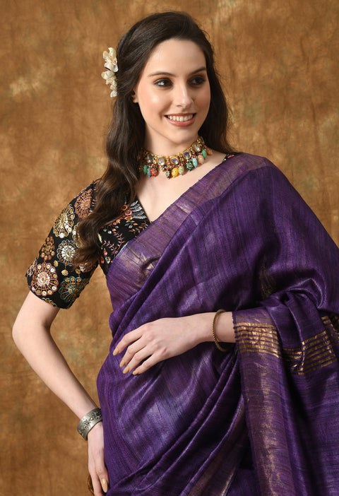 Handwoven Pure Ghicha Tussar Silk Saree with Stripe Pallu