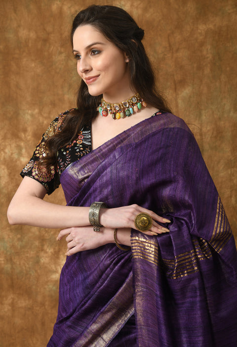 Violet Backed Starling Handwoven Pure Ghicha Tussar Silk Saree with Stripe Pallu