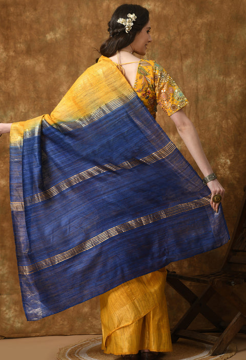 Blue and Yellow Macaw Handwoven Pure Ghicha Tussar Silk Saree with Stripe Pallu
