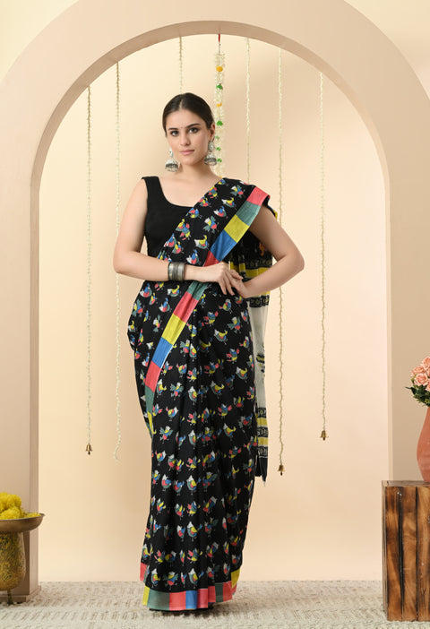 Colorful Birds Fun Block Printed Mul Cotton Saree - Black