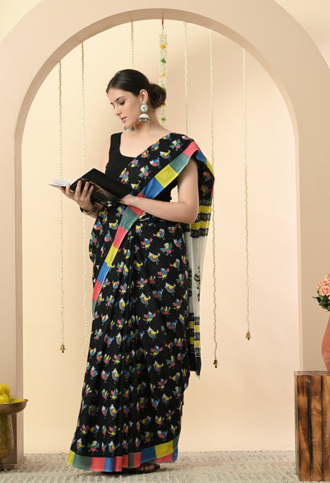 Colorful Birds Fun Block Printed Mul Cotton Saree - Black