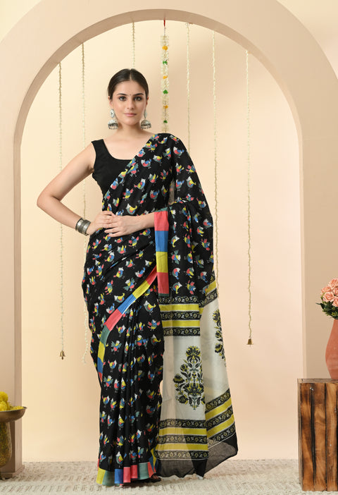 Colorful Birds Fun Block Printed Mul Cotton Saree - Black