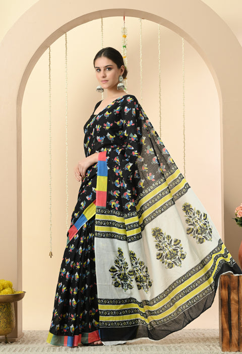 Colorful Birds Fun Block Printed Mul Cotton Saree - Black