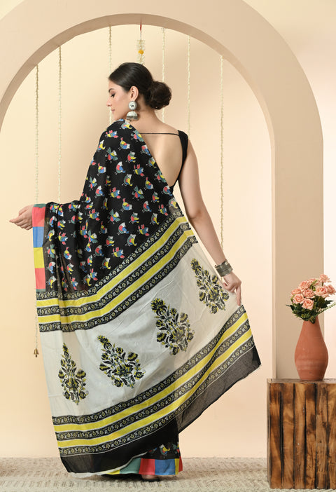 Colorful Birds Fun Block Printed Mul Cotton Saree - Black