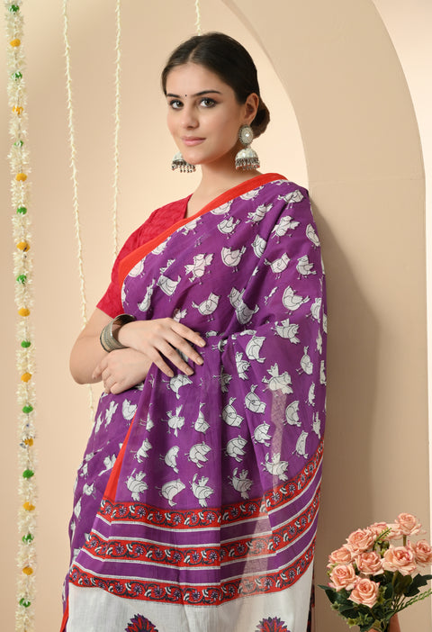 Purple birds from paradise Block Printed Mul Cotton Saree - 2