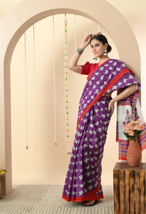 Purple birds from paradise Block Printed Mul Cotton Saree - 2