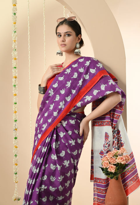 Purple birds from paradise Block Printed Mul Cotton Saree - 2