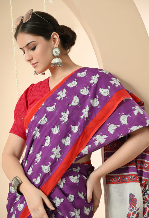 Purple birds from paradise Block Printed Mul Cotton Saree - 2