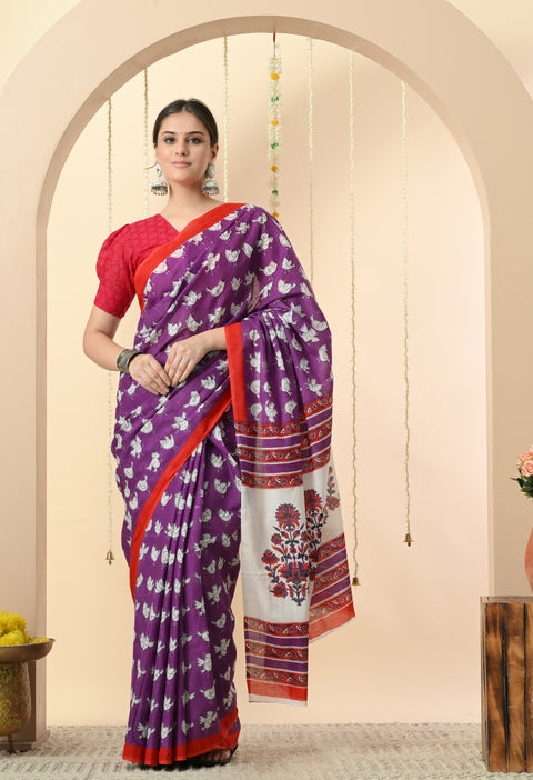 Purple birds from paradise Block Printed Mul Cotton Saree - 2