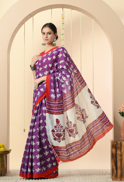 Purple birds from paradise Block Printed Mul Cotton Saree - 2