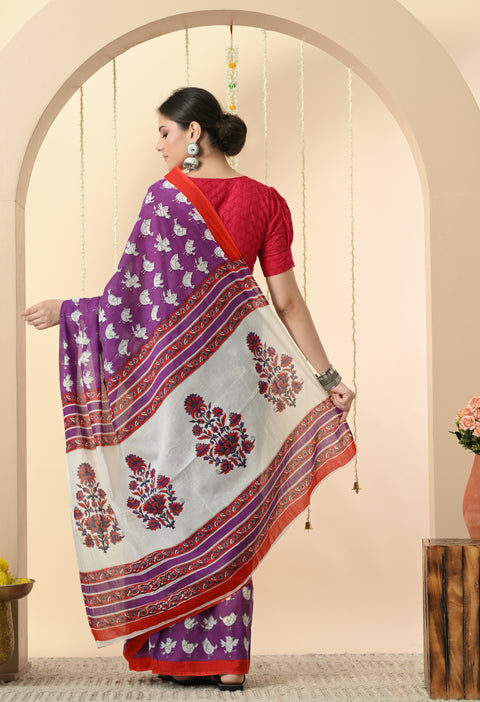 Purple birds from paradise Block Printed Mul Cotton Saree - 2