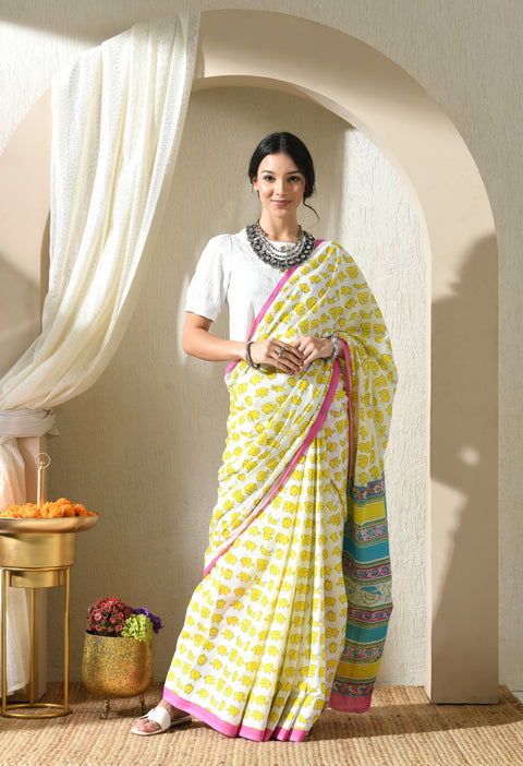 Banana Split Block Printed Mul Cotton Saree