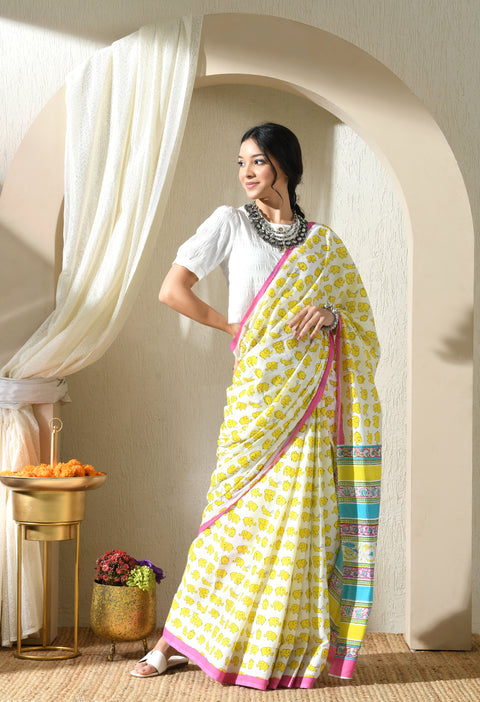 Banana Split Block Printed Mul Cotton Saree