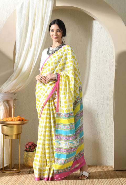 Banana Split Block Printed Mul Cotton Saree