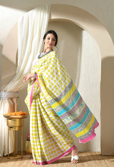 Banana Split Block Printed Mul Cotton Saree