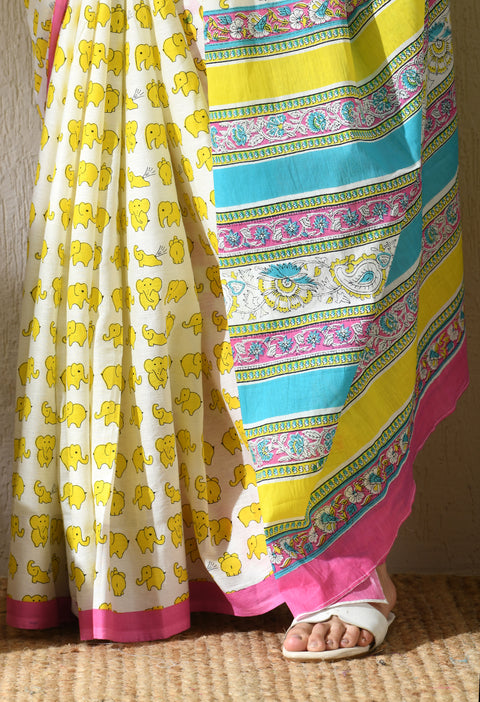 Banana Split Block Printed Mul Cotton Saree