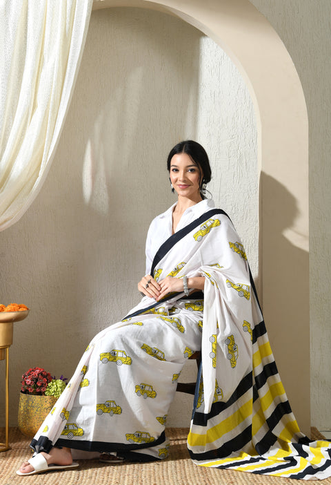 Buckle-Up Block Printed Mul Cotton Saree