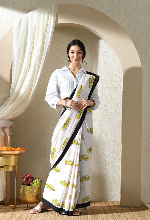 Buckle-Up Block Printed Mul Cotton Saree