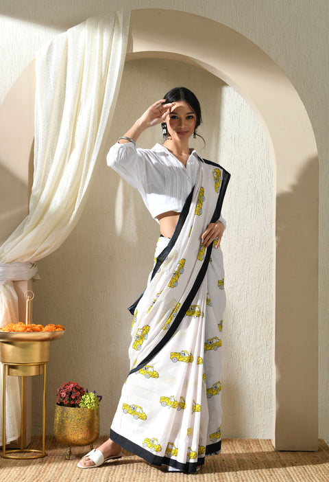 Buckle-Up Block Printed Mul Cotton Saree