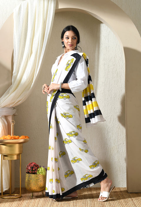 Buckle-Up Block Printed Mul Cotton Saree