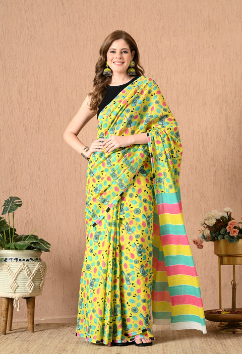 Lemonade Block Printed Mul Cotton Saree (Yellow)