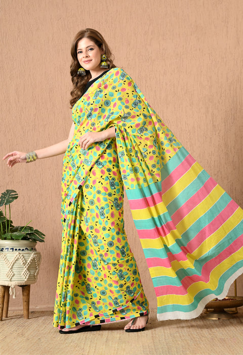 Lemonade Block Printed Mul Cotton Saree (Yellow)