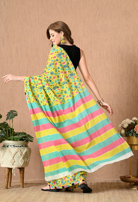 Lemonade Block Printed Mul Cotton Saree (Yellow)