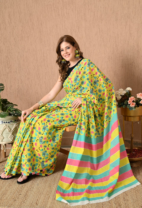 Lemonade Block Printed Mul Cotton Saree (Yellow)