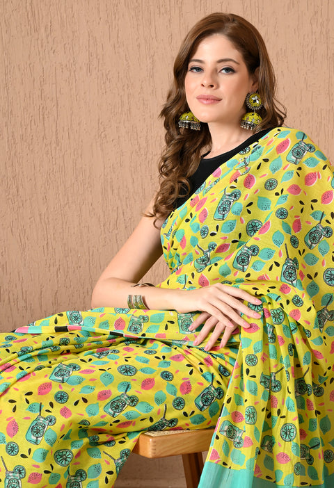 Lemonade Block Printed Mul Cotton Saree (Yellow)