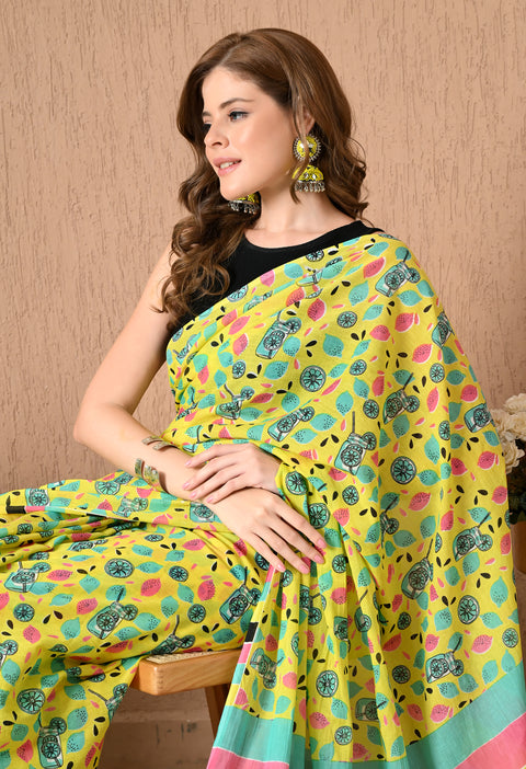 Lemonade Block Printed Mul Cotton Saree (Yellow)