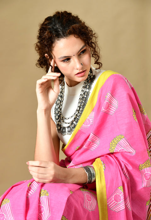 Popcorn Block Printed Mul Cotton Saree (Pink)