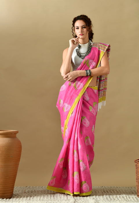 Popcorn Block Printed Mul Cotton Saree (Pink)
