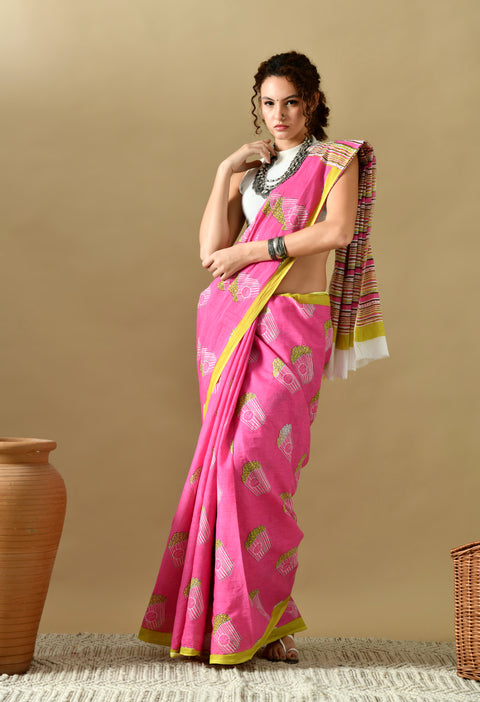 Popcorn Block Printed Mul Cotton Saree (Pink)