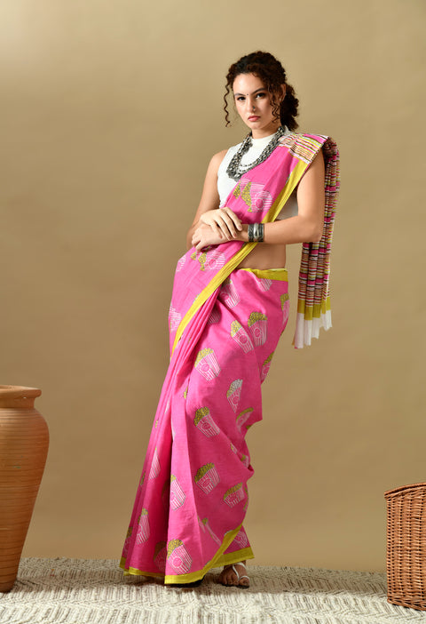 Popcorn Block Printed Mul Cotton Saree (Pink)