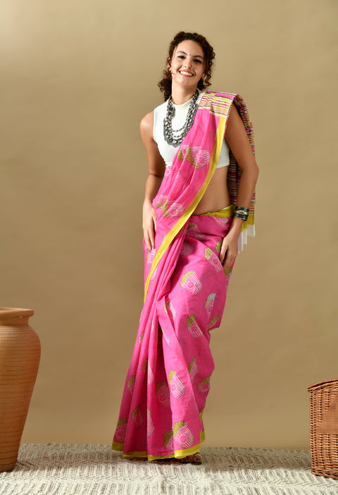 Popcorn Block Printed Mul Cotton Saree (Pink)