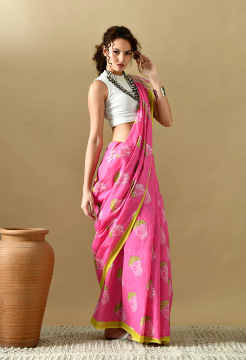 Popcorn Block Printed Mul Cotton Saree (Pink)