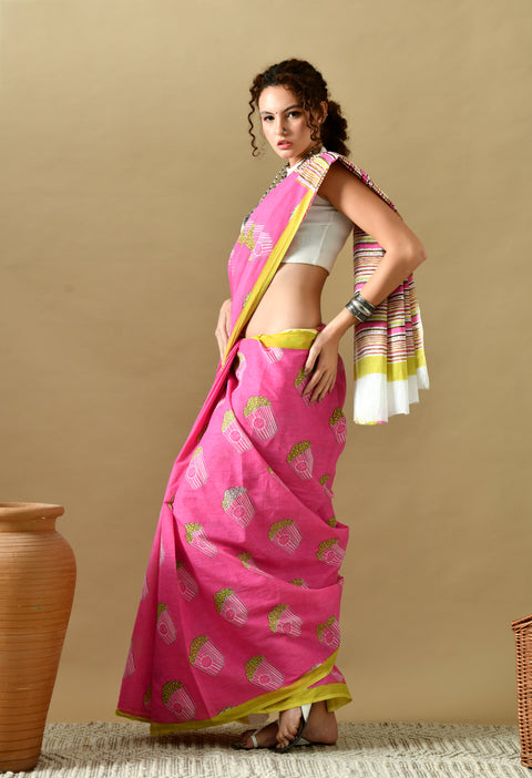 Popcorn Block Printed Mul Cotton Saree (Pink)