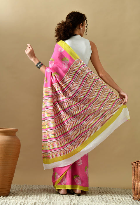 Popcorn Block Printed Mul Cotton Saree (Pink)