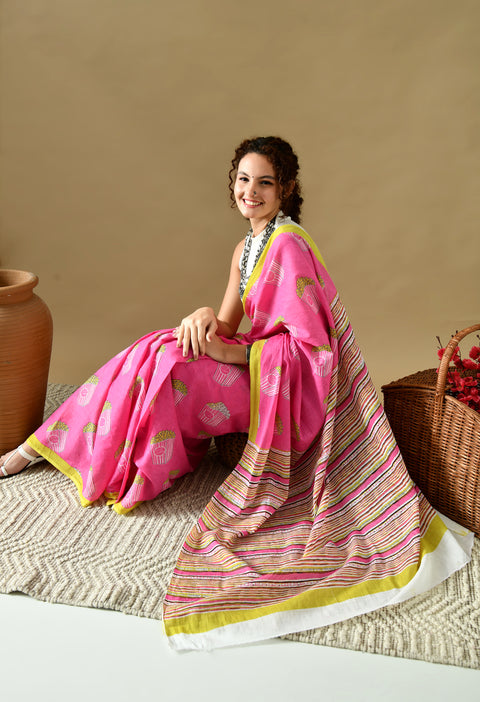 Popcorn Block Printed Mul Cotton Saree (Pink)