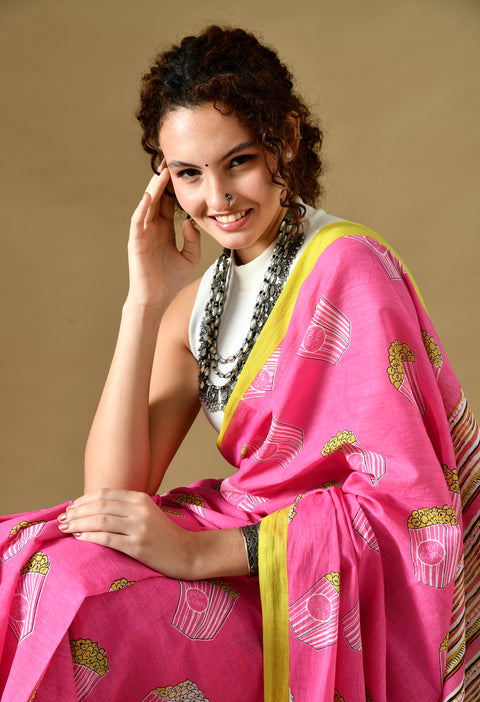 Popcorn Block Printed Mul Cotton Saree (Pink)